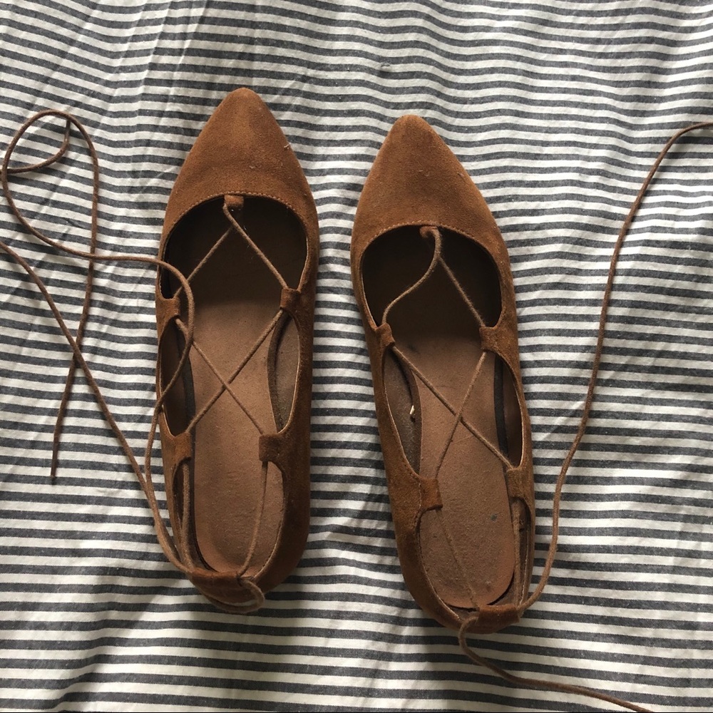 Cognac Pointed Toe Lace Up Flats